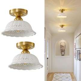 Vintage Ceramic Semi Flush Mount Ceiling Light - 2 Pack, Gold Hallway Light Fixture, Mid Century Small Close to Ceiling Lamp，Unique Flush Lighting Fixtures for Entryway Laundry Room Kitchen Cottage