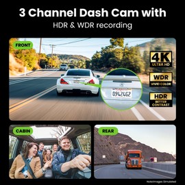 GEARit 3-Channel Dash Cam - 4K Front and Rear Dash Camera for Cars - Front, Inside, Rear Recording - 24/7 Coverage - Triple Dashcam with Night Vision and Loop Recording - Ideal Car Camera System