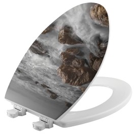 House & Homebody Co. Elongated Toilet Seat, White with Coastal Image (Whispy Rocks)