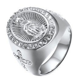 Flongo Men's Ring Men Rosary Ring Thumb Ring Band Ring Signet Ring Gold Silver Virgin Mary Holy Mother of God Cross Crucifix Jesus Men's Accessories, Stainless Steel