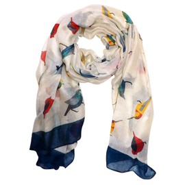 Peach Couture Cute Vintage Lightweight Graphic Finch Bird Print Scarf Cream