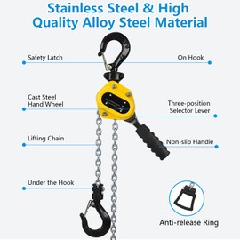 ACONEE Manual Lever Chain Hoist, 0.25 Ton 5 Ft Lift Lever Hoist Ratchet Chain Puller Hoist with 2 Hooks for Building Garages, Heavy Duty Chain Lifting & 360° Rotation Hook, Automotive Machinery
