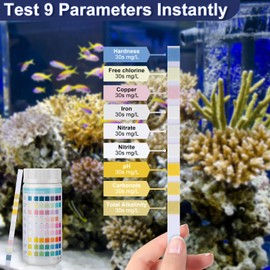 Aquarium Test Strips, 9-in-1 Fish Tank Test Strip, Water Testing Kits for Drinking Water, 100 Strips for Ammonia Nitrogen, Nitrite, Chlorine, Hardness, Alkalinity, Carbonate, pH for Aquarium Pond