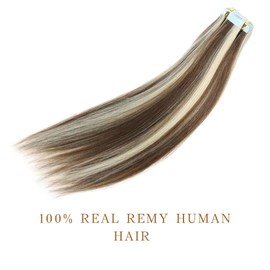 RINBOOOL Tape in Hair Extensions Human Hair, 12 Inch 30 Gram 20 Pieces, Real Natural Remy, 2 Tone Piano Color, Platinum Blonde Highlighted Medium Brown, 6/60