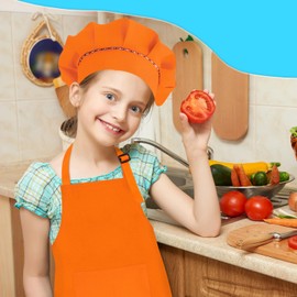 TOPWAYS Children's Painting Apron, Craft Aprons Coat for Children for Art Painting, Cooking Apron Children Boys Girls for 3-12 Years, Children's Apron and Chef Hat Set, orange