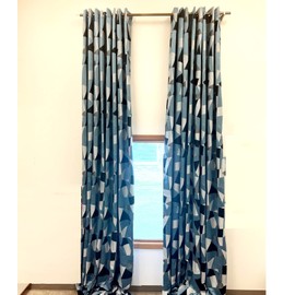Ikiriska Extra Long Curtains with Geometrical Pattern 8-24 ft Length. (1 Panel). Custom Made Drapes. 50-100" Width. for high Tall Ceiling (50″Wx168″L, Geometrical Black/Blue/Grey)