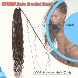 SVNMU Chocolate Brown Boho Crochet Braids Human Hair Curls 24inch 8packs 96strands #4 Deep Wave Pre-Looped Bohemian Goddess Box Braids Handmade Curly Ends Hair Extensions