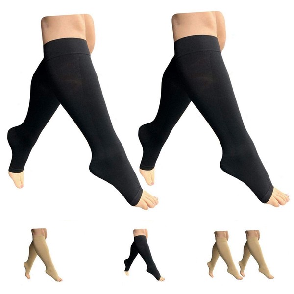 HealthyNees Open Toe 15-20 mmHg Compression Plus Size Extra Wide Calf Leg Socks (Black 2 Pairs, 4X-Large)