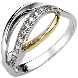 Jobo Women's Ring 925 Silver Two-Tone Gold-Plated with 9 Zirconia, Silver, Cubic Zirconia