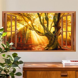 3D Fake Windows Wall Stickers Fall Forest Wall Decals Nature Landscape Walls Decor Faux Window Picture Decals Peel and Stick Autumn Tree Art Murals Sticker for Farmhouse Bedroom Kitchen Decor