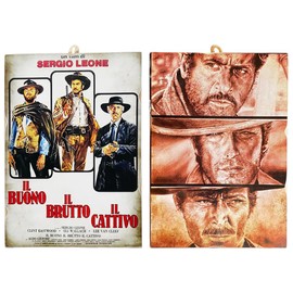 KUSTOM ART 2 Vintage Style Pictures Series Clint Eastwood Actor Clint Eastwood and Poster Film II Good, the Ugly, the Bad Print on Wood 25 x 18 cm