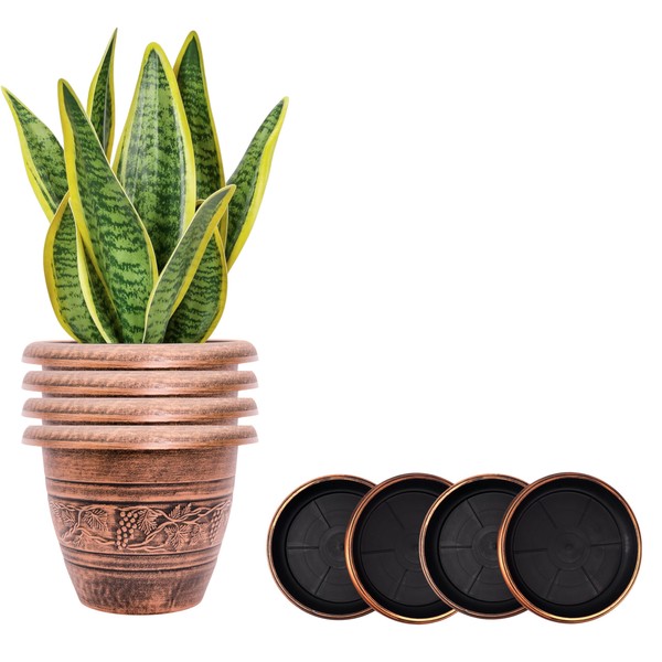 Set of 4 Copper Plastic-Plant-Flower-Planters-10 with Drainage Hole and Matching
