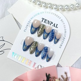 TENPAL Metallic Press On Fake Nails,Short Silver Black Nails,Handmade Press on Nails Almond,Full Cover Gel Fake Nails With Glue,Aurora Y2k Swirls Star Curve Designs Glue on Nails for Women(L)