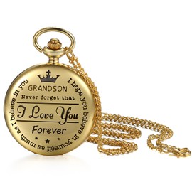 JewelryWe Men Quartz Pocket Watch: Gold to My Grandson Arabic Numerals Vest Fob Watch with Sweater Chain Necklace Men Anniversary Graduation Present from Grandpa Grandma