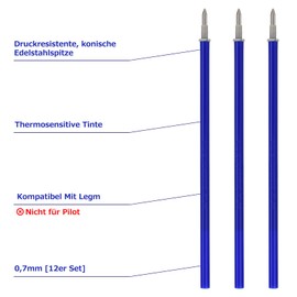 LVZONGXIN LVZONGXIN Ersatzminen, Kompatibel Mit Legami, [ Blau, 12er], Spitze 0,7mm,Höhe 13 cm, Radierbare Tintenrolle (BLAU, 12)