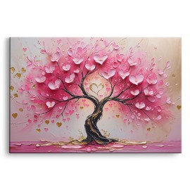 Large Pink "Tree of Life with Love" Canvas Wall Art Prints | Abstract Modern Boho Wall Decor Pictures | Handmade Floral Pink Gold Spiritual Artwork for Living Room, Bedroom, Kitchen, Office (30 x 20)