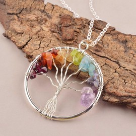MANILATA 7 Chakra Pendant Tree Necklace Spiritual Protection, Healing Crystals, Birthday, Gift for Her, Gemstone Jewelry 18 inch AAA+ Quality (Round)