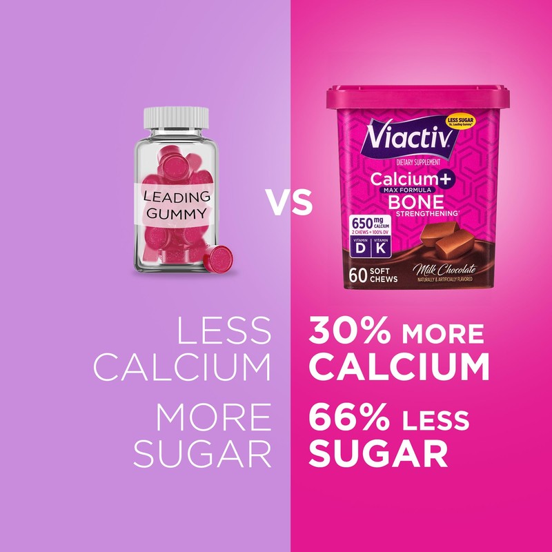 Viactiv Calcium +Vitamin D3 Supplement Soft Chews, Milk Chocolate, 60
