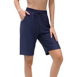 Charmo Swimming Shorts Women's High Waist Swimming Trunks with Pockets Long Swim Shorts Knee-Length Swimming Eagle Beach Shorts UPF50+ with Inner Briefs, blue