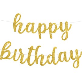 TONIFUL Gold Happy Birthday Banner - NO DIY - Gold Birthday Party Banner in Script - Pre-Strung - Gold Glitter Birthday Garland Ready to Use Gold Birthday Party Decorations & Decor