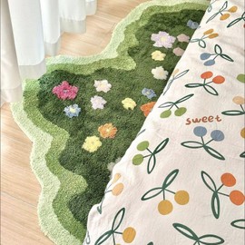 Cute Garden Flower Moss Rug for Bedroom, Lovely Green Moss Carpet Living Room, Irregular Flower Pattern Non Slip Water Absorbent Modern Aesthetic Soft Microfiber Decorative Carpet(19.68x31.5 Inches)