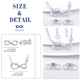 INFINIONLY Jewellery Sets, Women's girl's Necklace and Earrings Studs, 925 sterling silver necklace earrings, Cute cat and infinity symbol pendant earrings, Inlaid zircon, silver