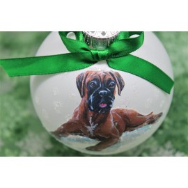 D128 Hand-made Christmas Ornament dog - Boxer - fawn laying forward (green)