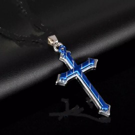 Fashion Jewelry CROSS CRUCIFIX blue pendant 26" Sterling silver 925 necklace Christian men FAITH