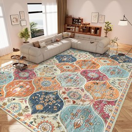 IKALIFE Vintage Washable Rug 5x7 - Machine Washable Floral Area Rugs with Non Slip Backing for Living Room Bedroom Dining Room Stain Resistant, Home Office Decor, Soft Low-Pile Carpet, Orange