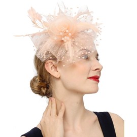 QIYIFAN Women's Feather Mesh Flower Fascinator with Headband and Clip Wedding Tea Party Fascinator Hats One Size for Ladies Champagne