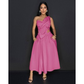 YUEWOO Midi Dresses for Women Casual Summer Sundresses Vacation Outfits Spaghetti Strap Smocked Womens Maxi Dress with Pockets One Shoulder Pink S