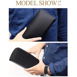 VAOYAO Carbon Fiber Long Wallet, Men's Wallet, Round Zipper, Coin Purse, Large Capacity, Card Slots, IC Card Storage, Stylish, Pure Color, Popular, Good Texture, Easy to Use, Unisex (Blue x Carbon