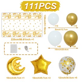 Eid Mubarak Decorations Ramadan Decorations for Home,111pcs White Gold Ramadan Balloons Star Moon Foil Eid Decorations Balloons and Eid Mubarak Ramadan tablecloth for Ramadan Party Supplies