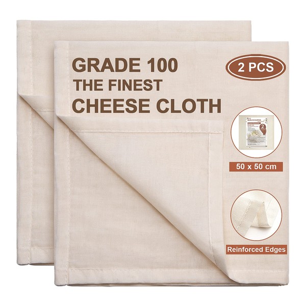 eFond Muslin Cloths for Cooking, Precut 50X50cm, Grade 100 Hemmed Cheesecloth for Straining Reusable and Washable, 100% Unbleached Pure Cotton Cheese cloths for Straining Butter, Nut Milk (2 Pieces)
