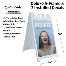 Braces 24" x 36" Double Sided A-Frame Sidewalk Sign, Includes 2 Installed Decals | Foldable Portable White Signicade Sandwich Board | Orthodontic Services, Dental Clinics, Perfect Smiles | Made in USA