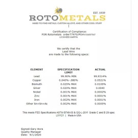 RotoMetals 5/16 inch Diameter Pure 99.9% Lead Wire Per Foot