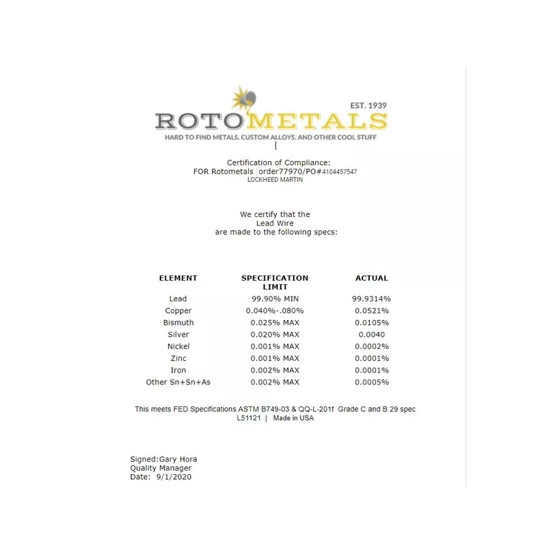 RotoMetals 5/16 inch Diameter Pure 99.9% Lead Wire Per Foot
