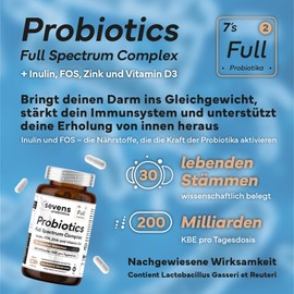 SEVENS NUTRITION Probiotika Komplex - Darmbakterien Kapseln Hochdosiert - 200 Milliarden KBE/Tagesdosis - 30 Bakterienst?mme mit Lactobacillus & Bifidobakterien - Mit Inulin und FOS - 60 Kapseln - Sevens