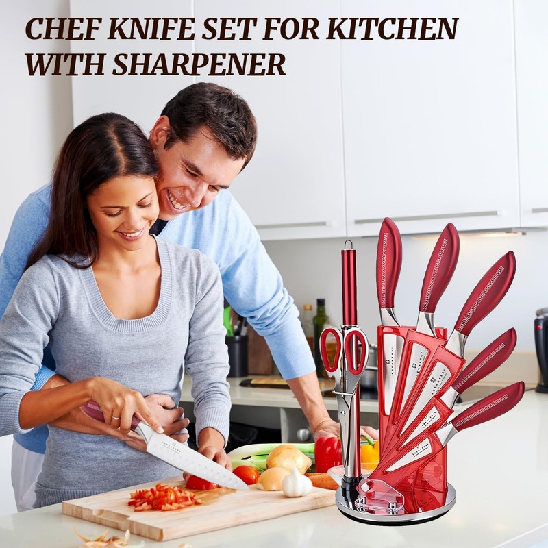 Knife Block Set,8-piece Kitchen Knife Set with Rotatable Storage Stand,