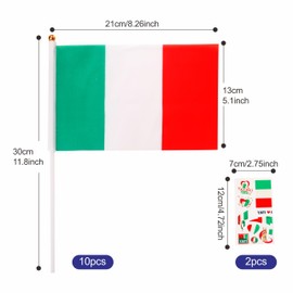 10pcs Small Italian Flags on Sticks & 2pcs Tattoos, Italy Oly 2024 Decorations Mini Italy Flags Hand Held Flags for Oly Games 2024 Football Sports Events National Day Party Decorations