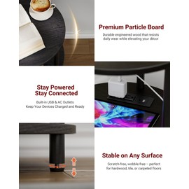 XBurmo Small Round End Table - 3 Tier Design Accent Table, Narrow Side or Bedside Stand, Industrial Vintage Table for Small Spaces, Built-in USB Ports and Power Outlet, Charcoal Wenge