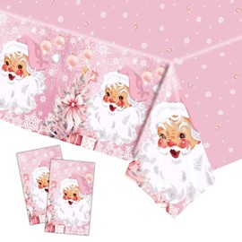 2Pcs Christmas Party Table Cover Table Cloth,137 * 274cm Christmas pink Santa Table Decorations Plastic Waterproof Rectangular Tablecover Xmas Tablecloth for Christmas Evening Party Table Decorations