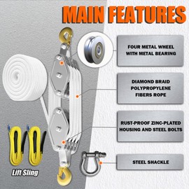 YATOINTO Rope Pulley Hoist 4400 LB, Pulley Block with 3/8" Shackle and 2PCS Lift Sling, 8:1 Lifting Power Block and Tackle Pulley System, 65ft Heavy Duty Rope Hoist for Garage Warehouse Constructions