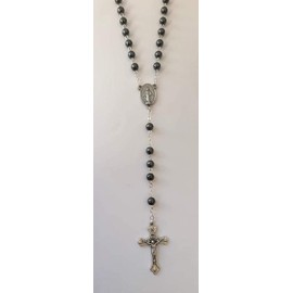 Eurofusioni Catholic Rosary for Men and Women - Hematite Pearl Necklace and Silver-Plated Cross, Metal, Pearl