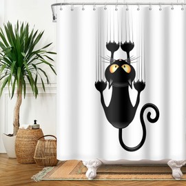 SDOTPMT 175 x 190 cm Black Cat with Sharp Paws Shower Curtain Cute Funny Cat Kitten Bath Curtain White Background Bath Curtain Polyester for Bathroom Bath Curtain with Hooks