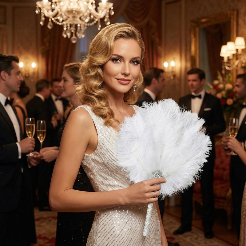 1920s Vintage Ostrich Feather Bouquet Fan Gatsby Bridesmaid Dance Feather