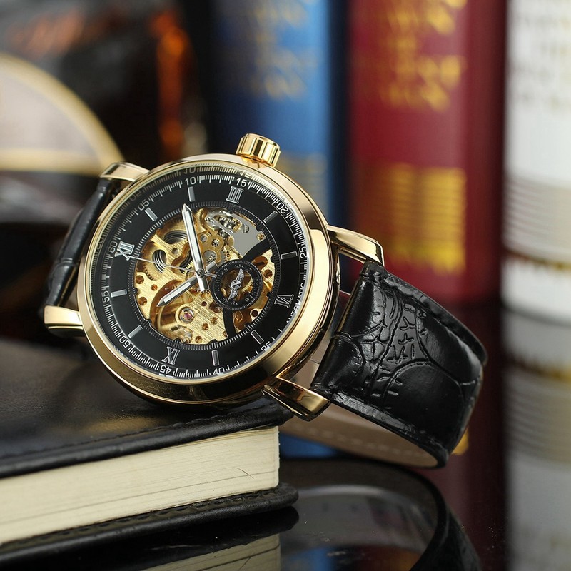 Winner Calendar Hollow Automatic Mechanical Movement Causal Men Wristwatch(Black+Gold)