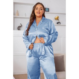 Vozanet Women's Plus Size Button Down Pajama Sets Satin Silky Long Sleeve Long Pants Sleepwear Loungewear Nighty XL to 5XL 2pcs Ladies V Neck PJS Jammies, Sky Blue, 5X-Large