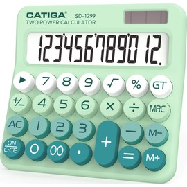 CATIGA Mechanical Switch Calculator with Solar and Battery Dual Power, 12-Digit Large LCD Display, Aesthetic and Cute Desktop Calculator with Big Button, for Home, School and Office Use, SD-1299