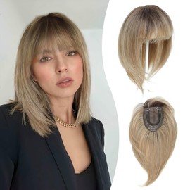 Peonymebeauty 360°Clip in Fringe Hair Topper, 4"X5" Base Hair Toppers with Bangs for Women Synthetic 12 Inch Natural Straight Short Bob Hairpieces Wiglets Ladies for Daily Wear(Ombre Brown Blonde)